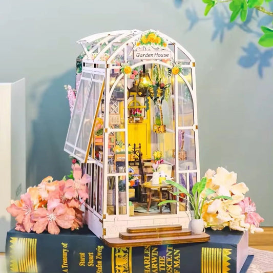 Garden House DIY Miniature Book Nook Kit 3D Wooden Puzzle with LED Lights Creative Room Decor & Bookend Perfect Gift for Adults