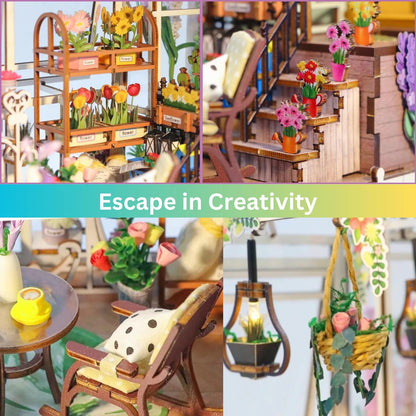 Garden House DIY Miniature Book Nook Kit 3D Wooden Puzzle with LED Lights Creative Room Decor & Bookend Perfect Gift for Adults