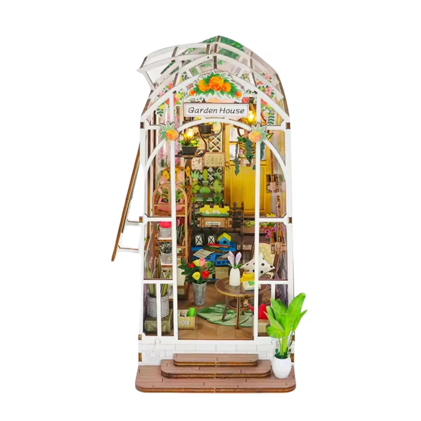 Garden House DIY Miniature Book Nook Kit 3D Wooden Puzzle with LED Lights Creative Room Decor & Bookend Perfect Gift for Adults