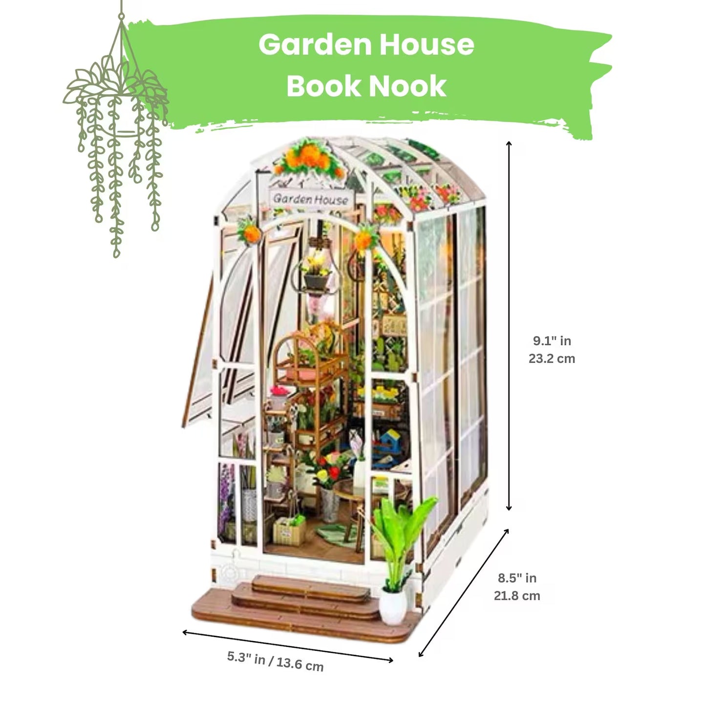 Garden House DIY Miniature Book Nook Kit 3D Wooden Puzzle with LED Lights Creative Room Decor & Bookend Perfect Gift for Adults