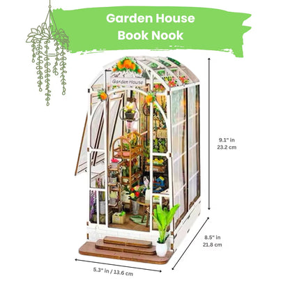 Garden House DIY Miniature Book Nook Kit 3D Wooden Puzzle with LED Lights Creative Room Decor & Bookend Perfect Gift for Adults
