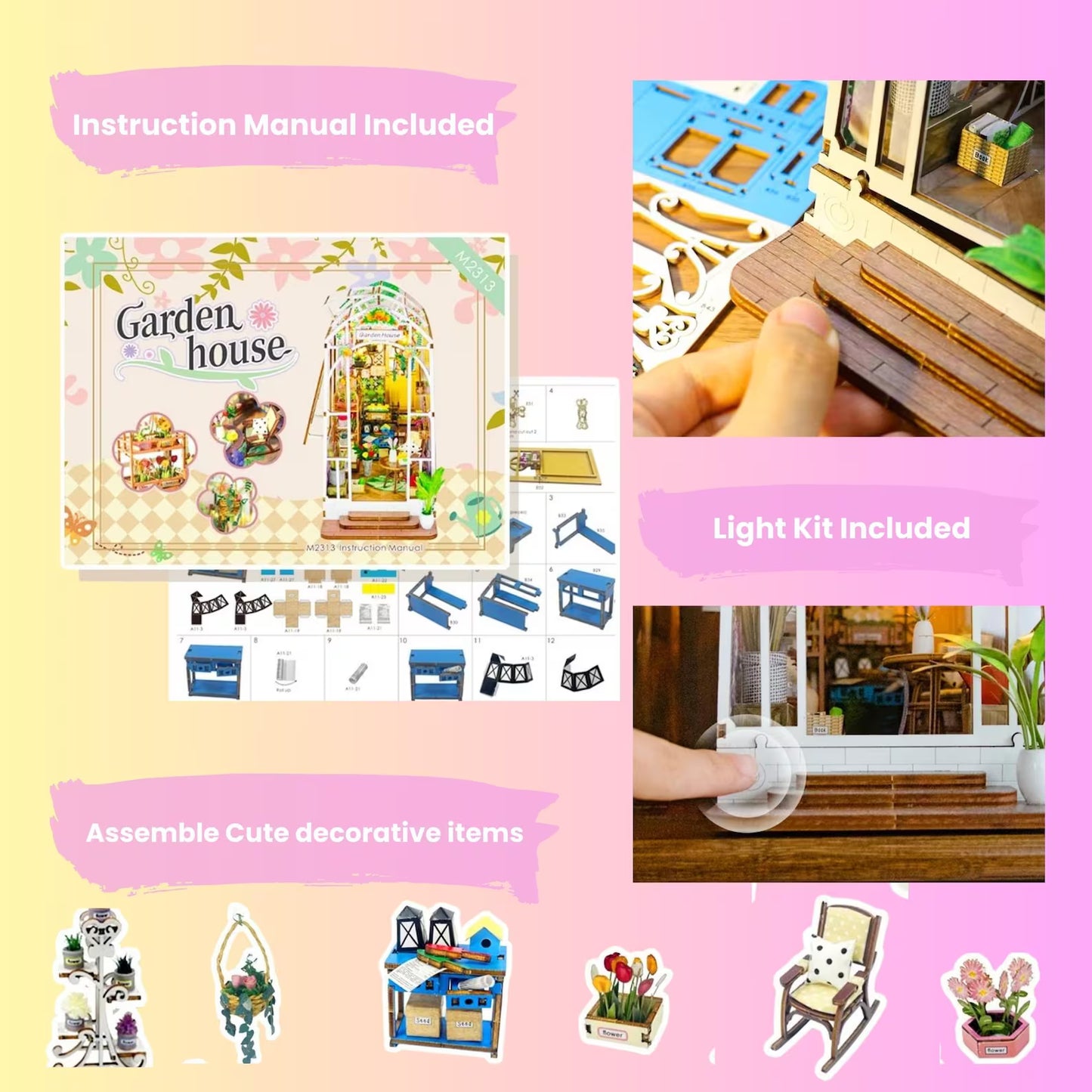 Garden House DIY Miniature Book Nook Kit 3D Wooden Puzzle with LED Lights Creative Room Decor & Bookend Perfect Gift for Adults